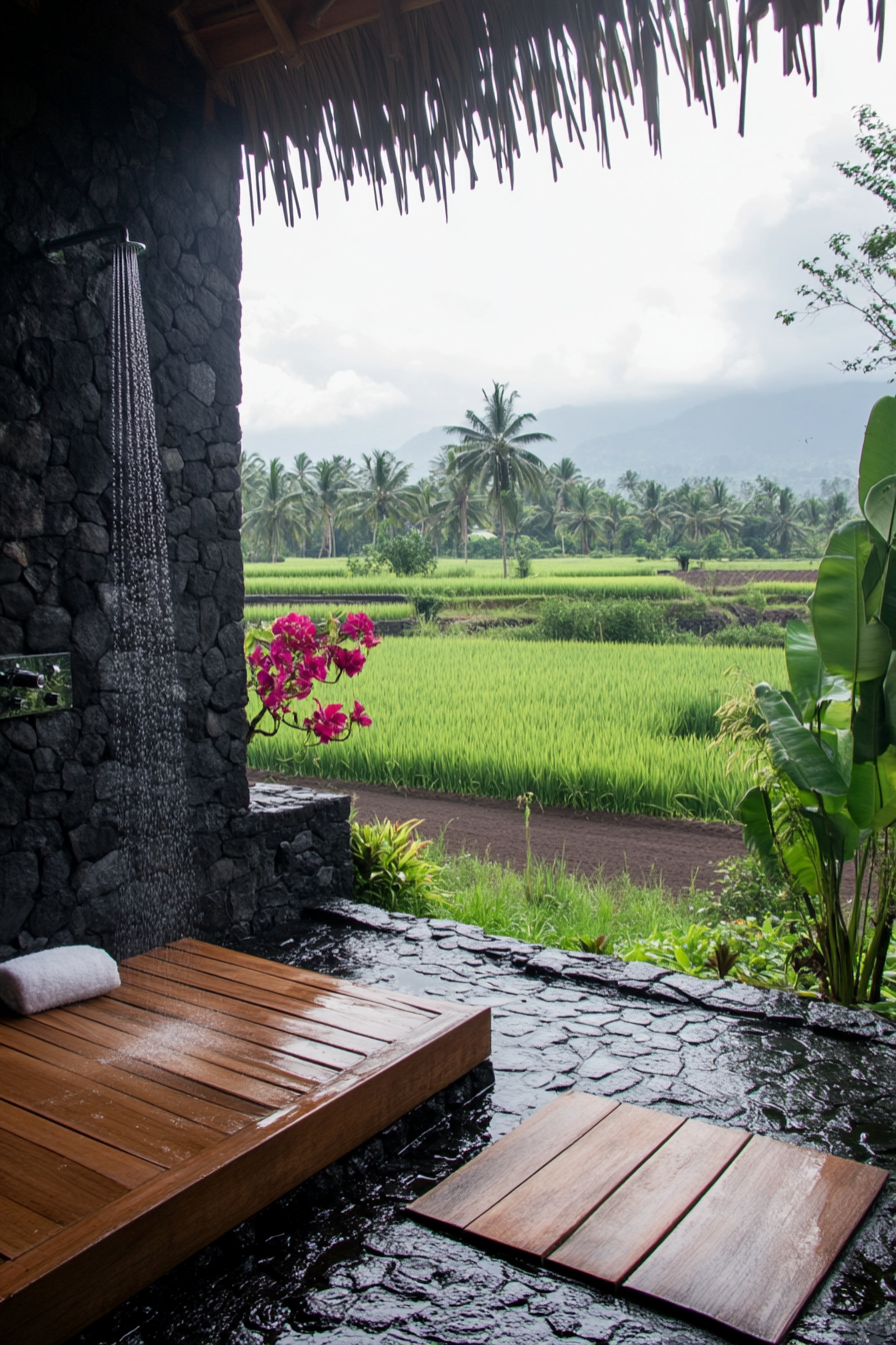 Outdoor shower. Black lava stone walls, teak platform, orchid wall, overlooking a rice paddy.