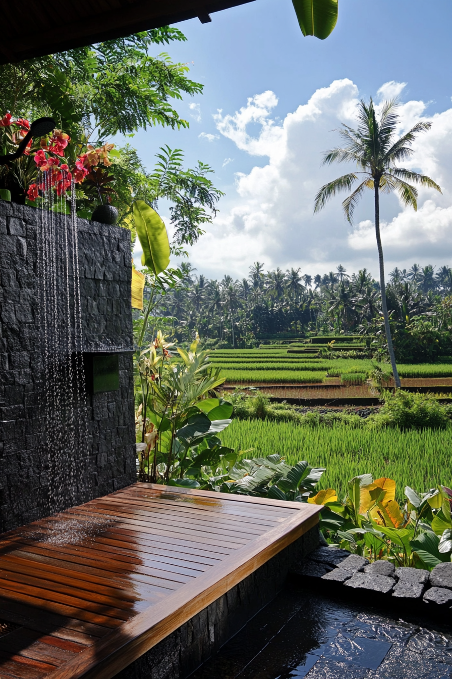 Outdoor shower. Black lava stone walls, teak platform, living orchid wall, view of rice paddy.