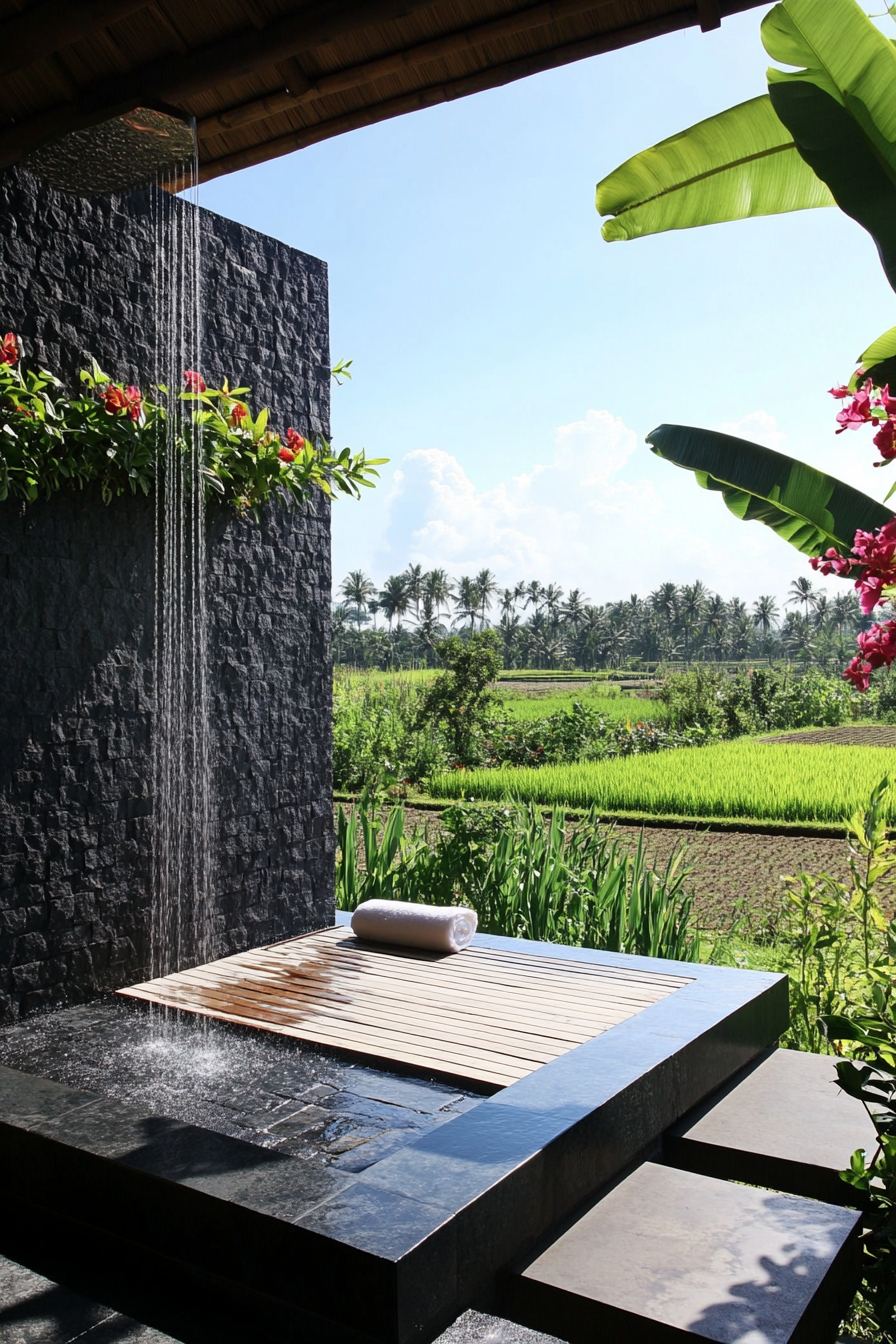 Outdoor shower. Black lava stone walls, teak platform, orchid wall, rice paddy view.