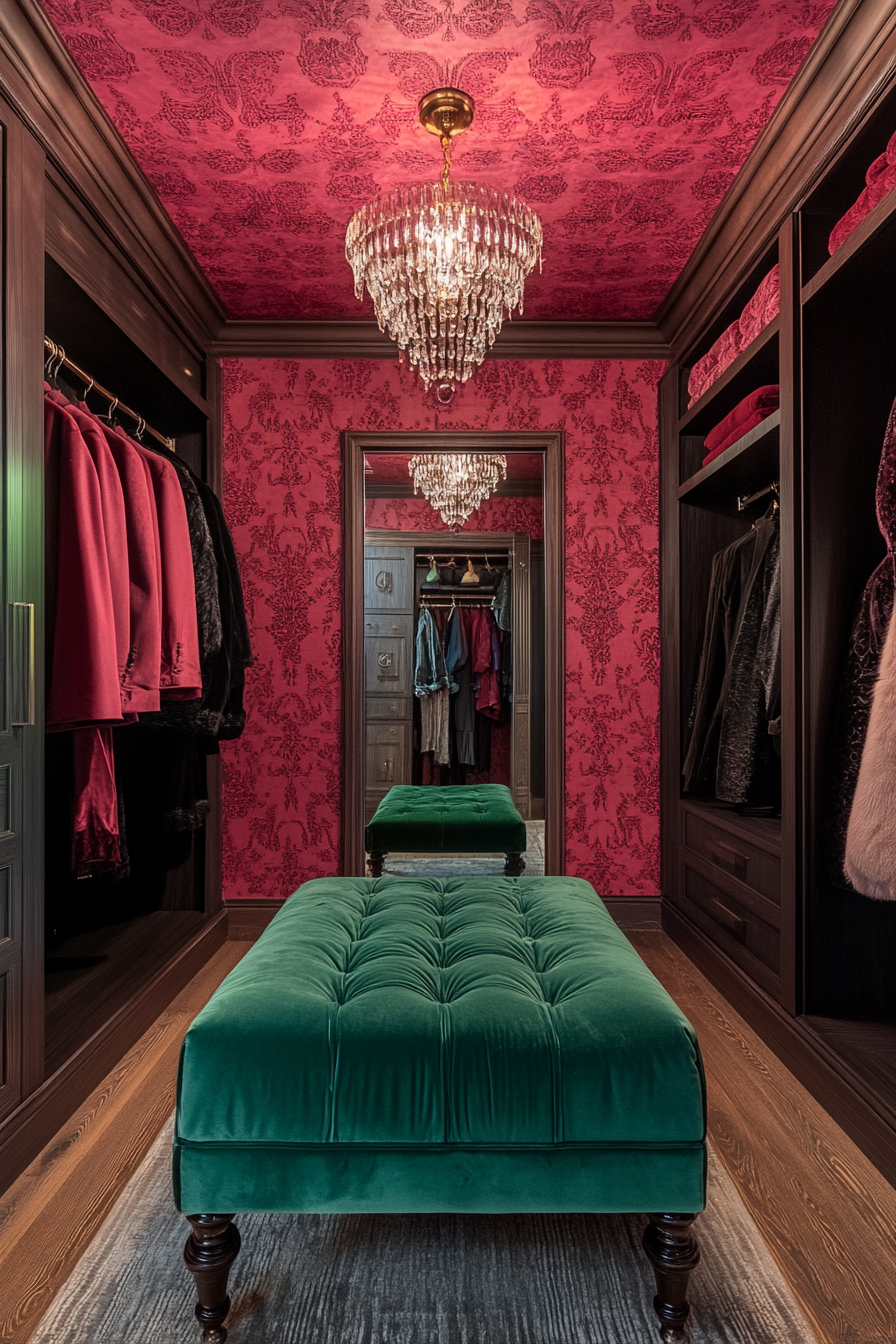 Walk-in closet. Emerald velvet ottoman, ruby damask wallpaper ceiling, smart mirror technology.