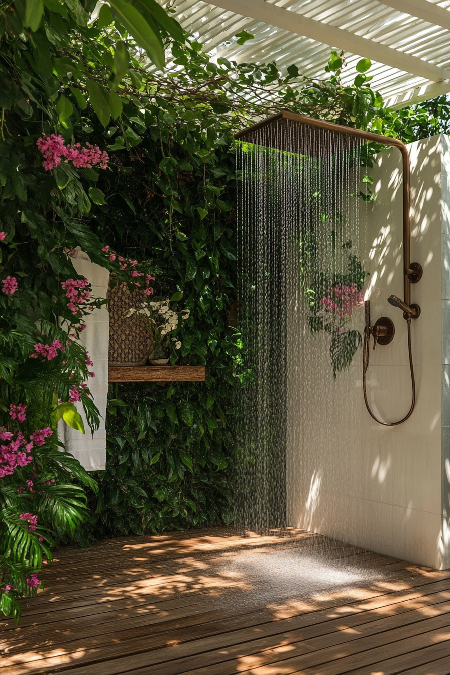 Luxurious outdoor bathroom. Teak flooring, bronze rainfall shower head, living ivy privacy wall under white pergola.