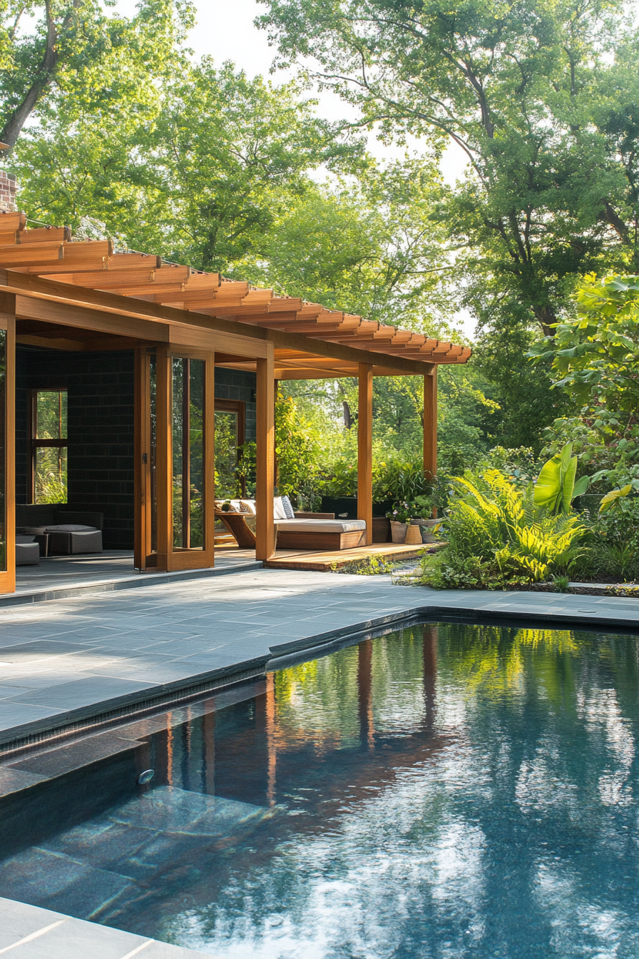 Pool house. Slate tiles, indoor-outdoor shower, teak cabana, covered lounge, horizon-line pool.