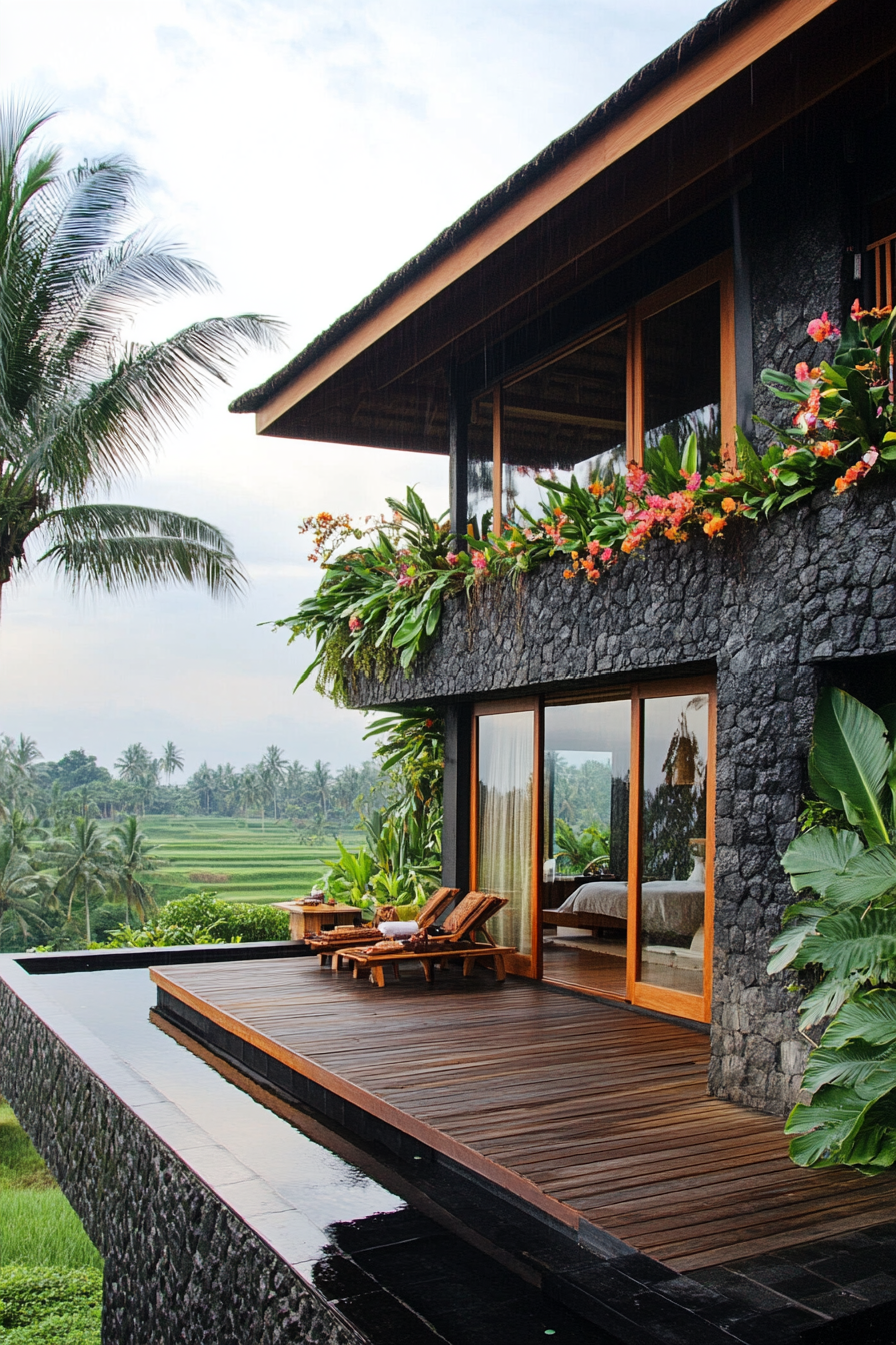 Outdoor tropical shower. Black lava stone walls, teak platform, living orchid wall and rice paddy vistas.