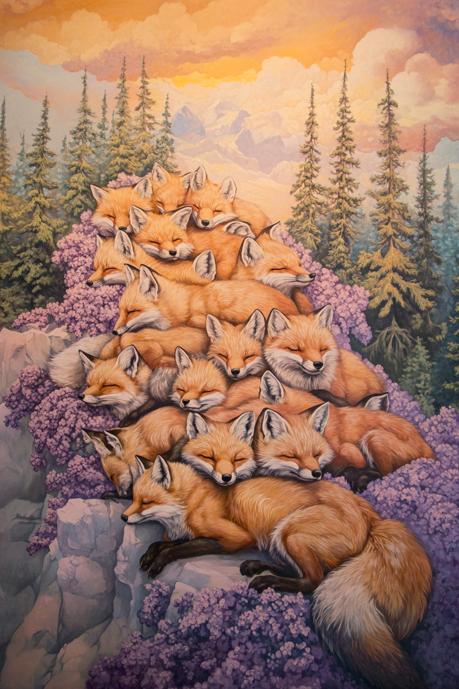 Pastel-colored animal-themed mural. Heaps of sleeping foxes nested against a sunset-backlit juniper forest.