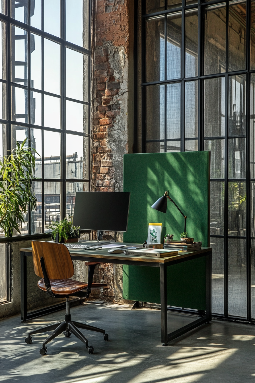 Remote workspace. Modular desk near green wall divider, under large industrial windows.