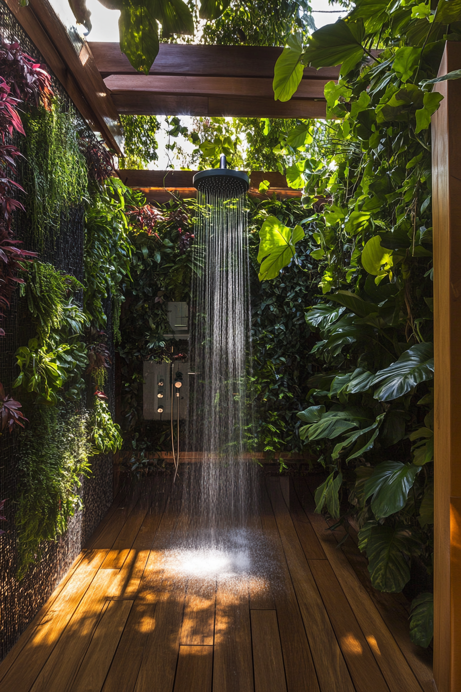 Outdoor bathroom. Teak flooring, waterfall showerhead, perlagon-clad living wall.