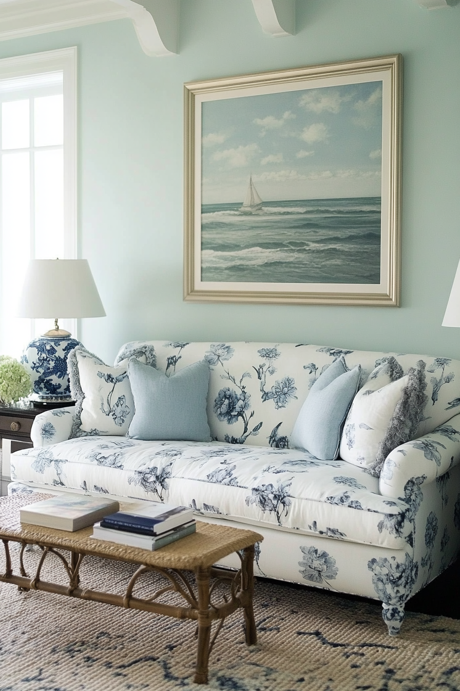 Elegant coastal living space. Vintage floral sofa with blue chinoiserie accents and woven texture rug.