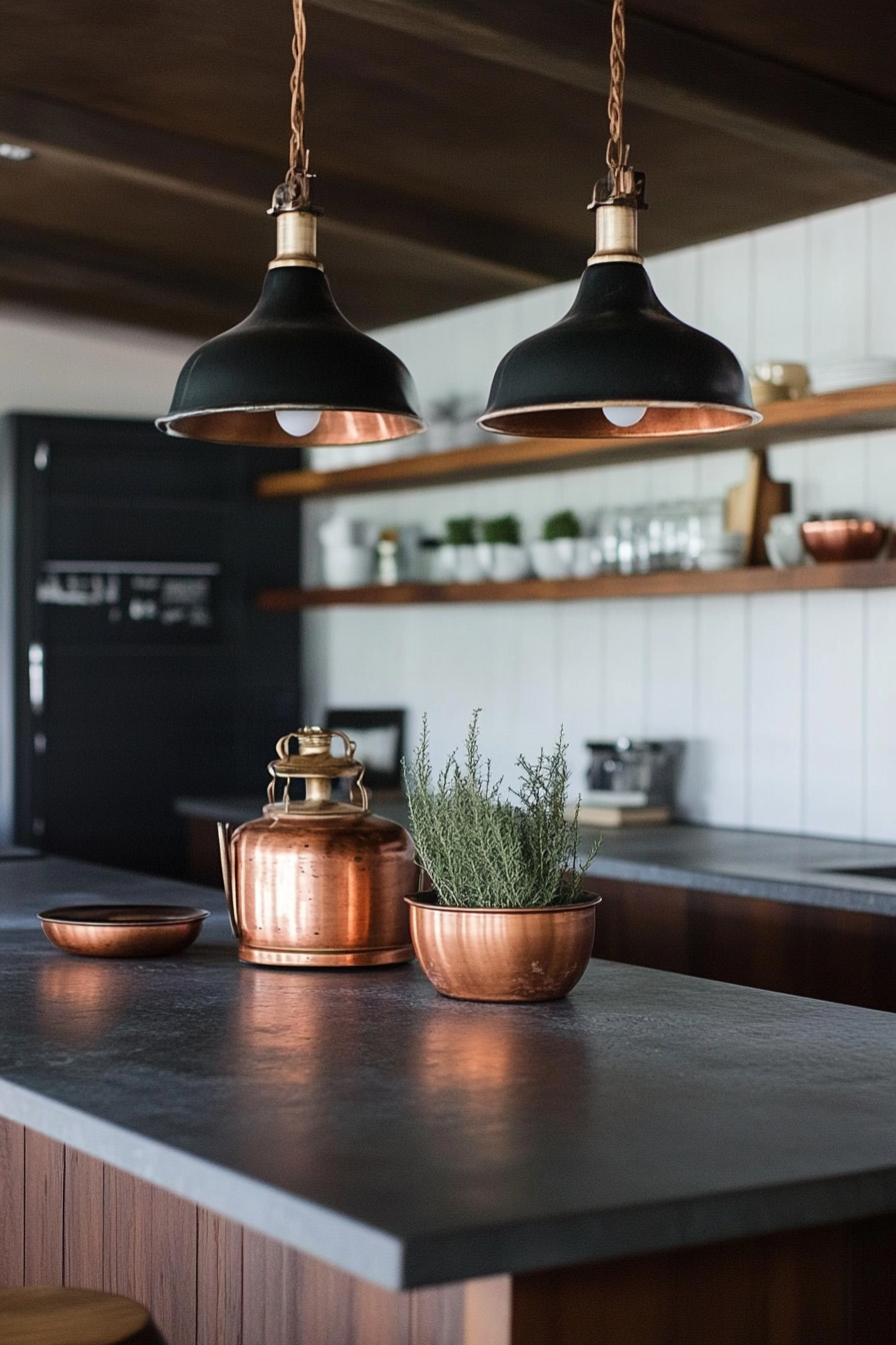 Kitchen. Soapstone countertop, copper vessels, vintage scale, industrial pendant lights.