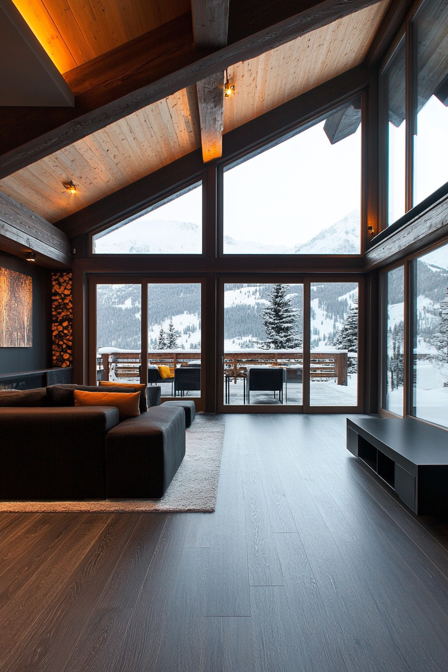 Contemporary Alpine living. Modern dark wood cottage with floor to ceiling forward facing windows.