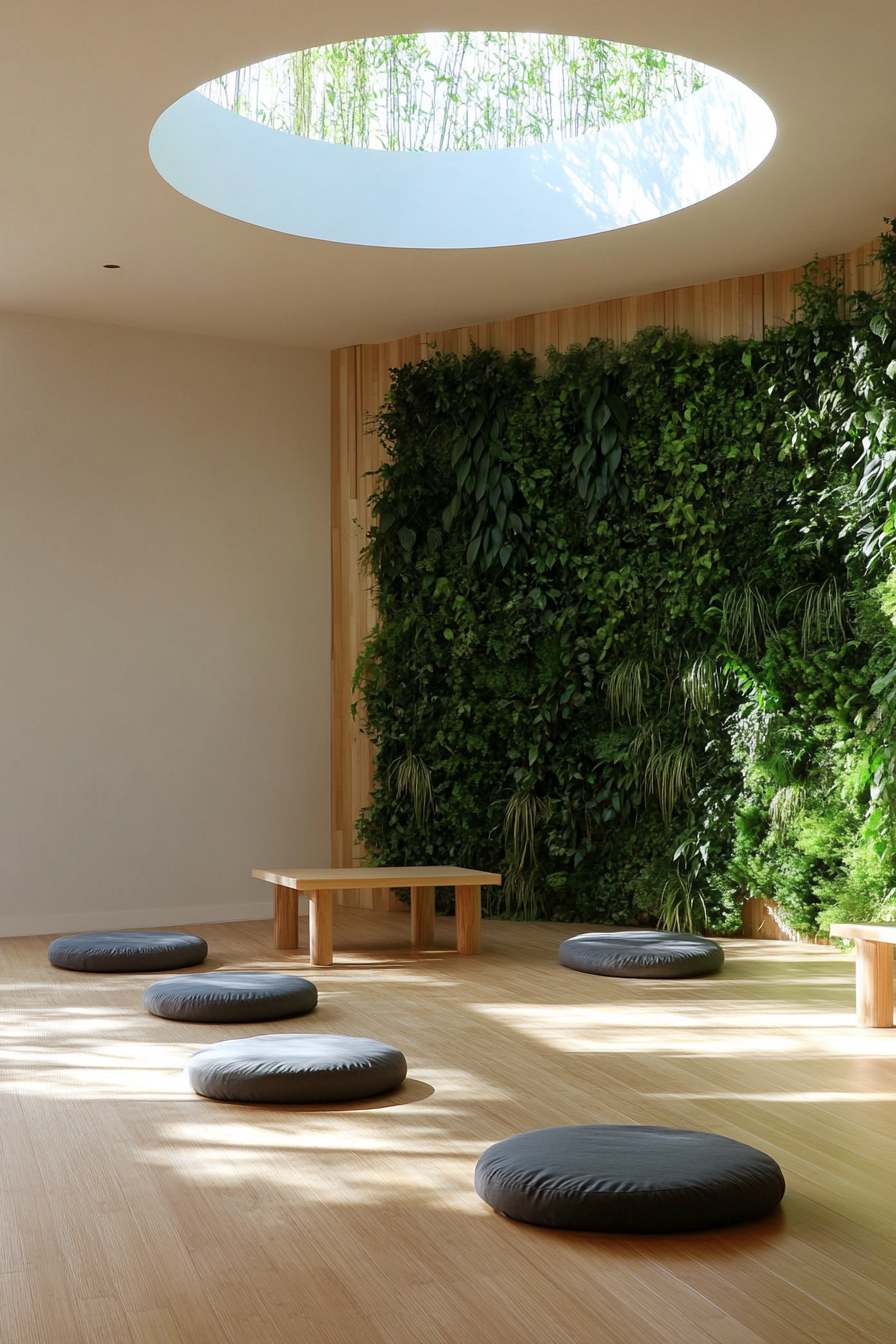 Yoga space. Bamboo flooring, meditation cushion, living wall, circular skylight above.