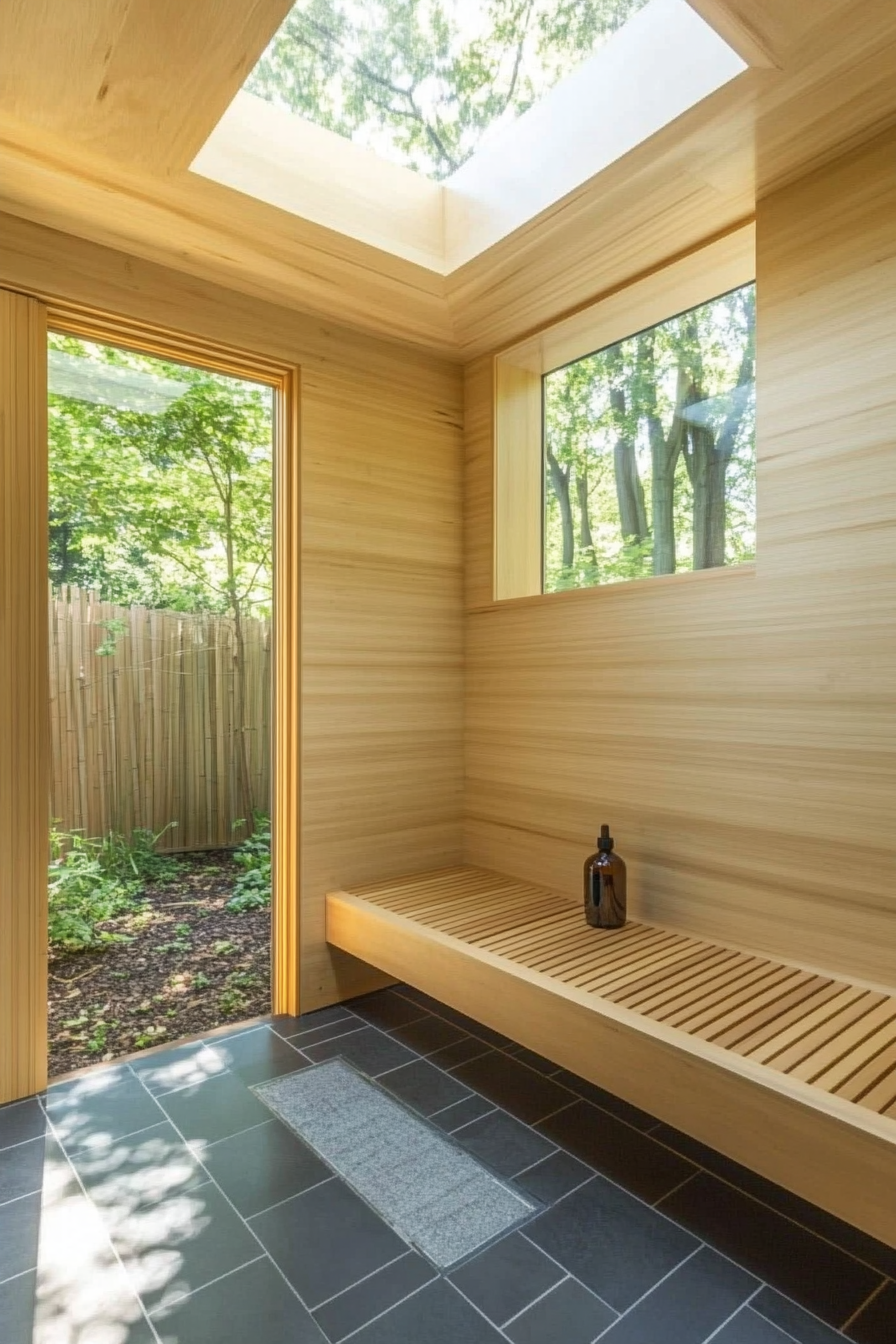 Compact meditation space. Built-in bamboo bench beneath sunlight-dappled skylight with essential oil diffuser station.