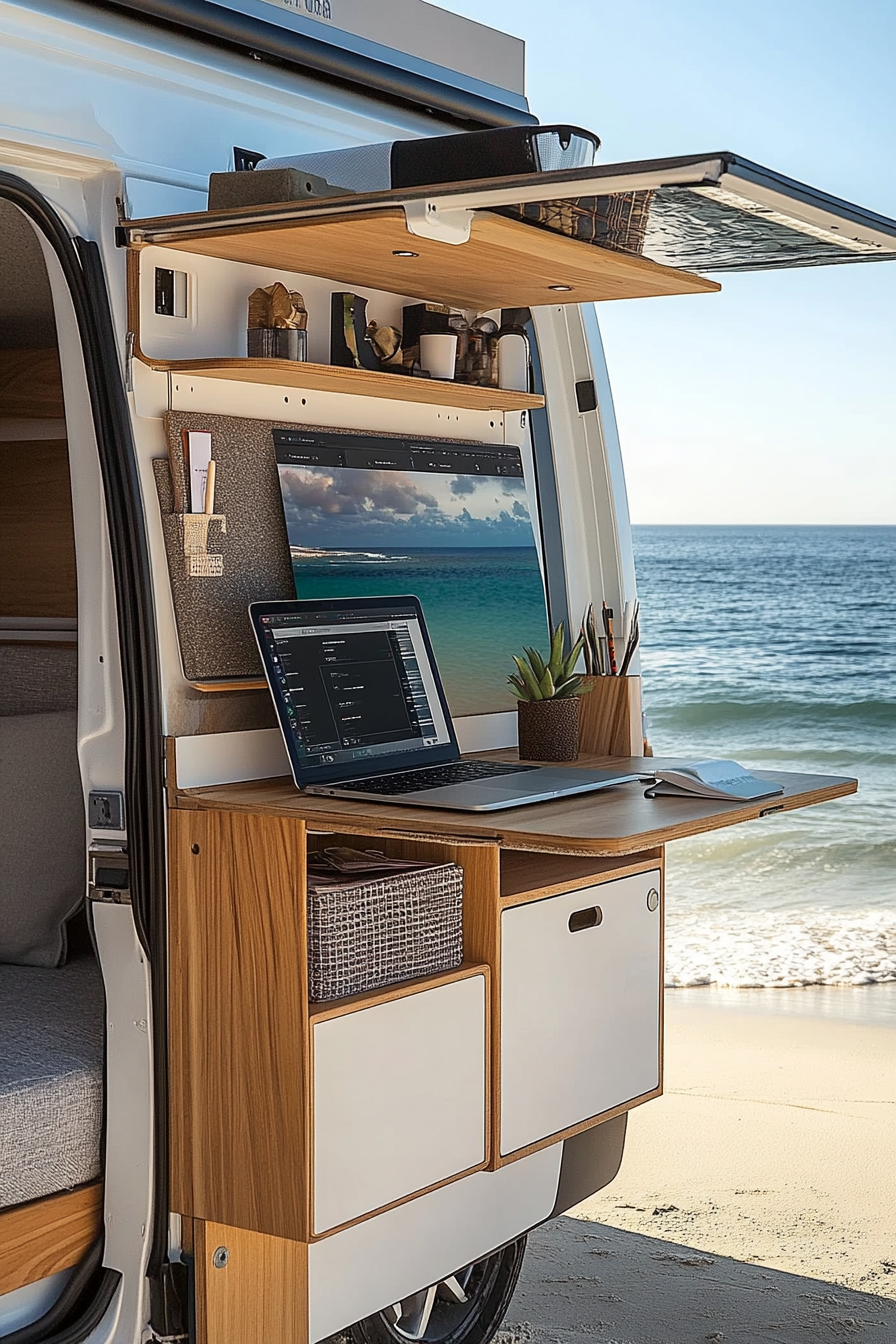 Mobile office. Convertible workstation with solar tech and an ocean-view desk setup.