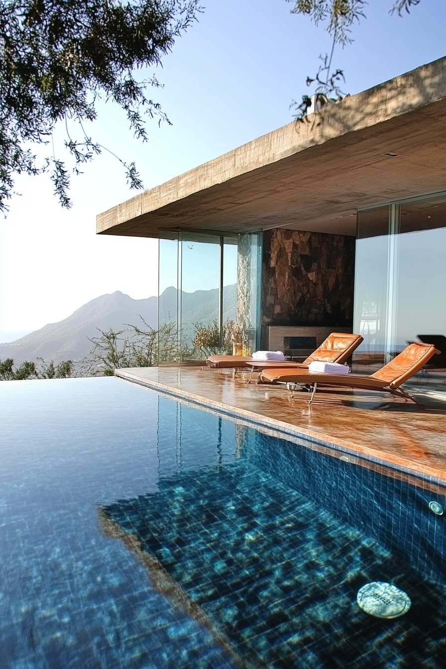 Pool house. Glass-surround indoor-outdoor shower and Eames loungers overlooking thalassic panorama.