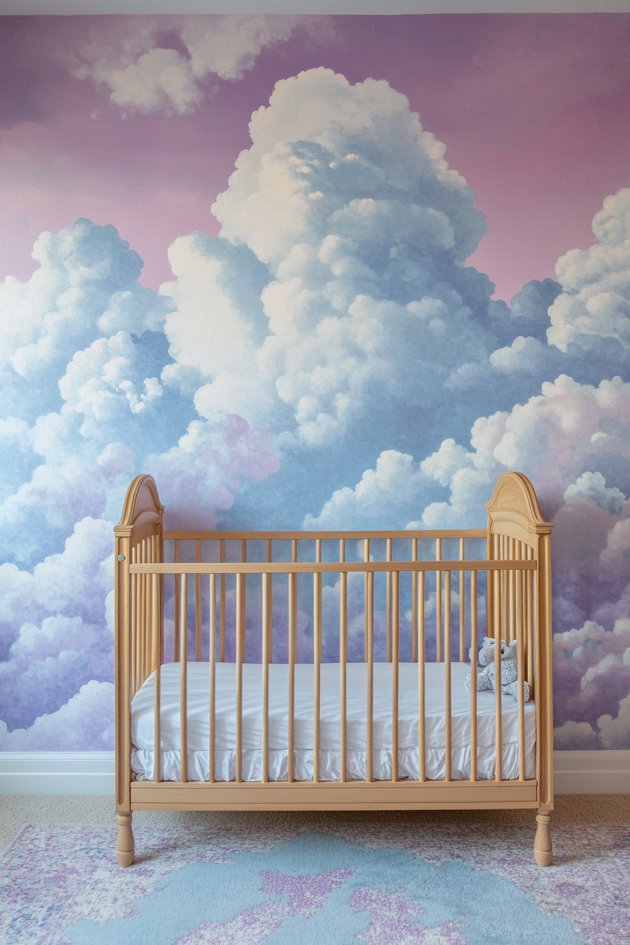 Pastel-colored mural. Soft blue clouds against a lavender sky in a nursery.