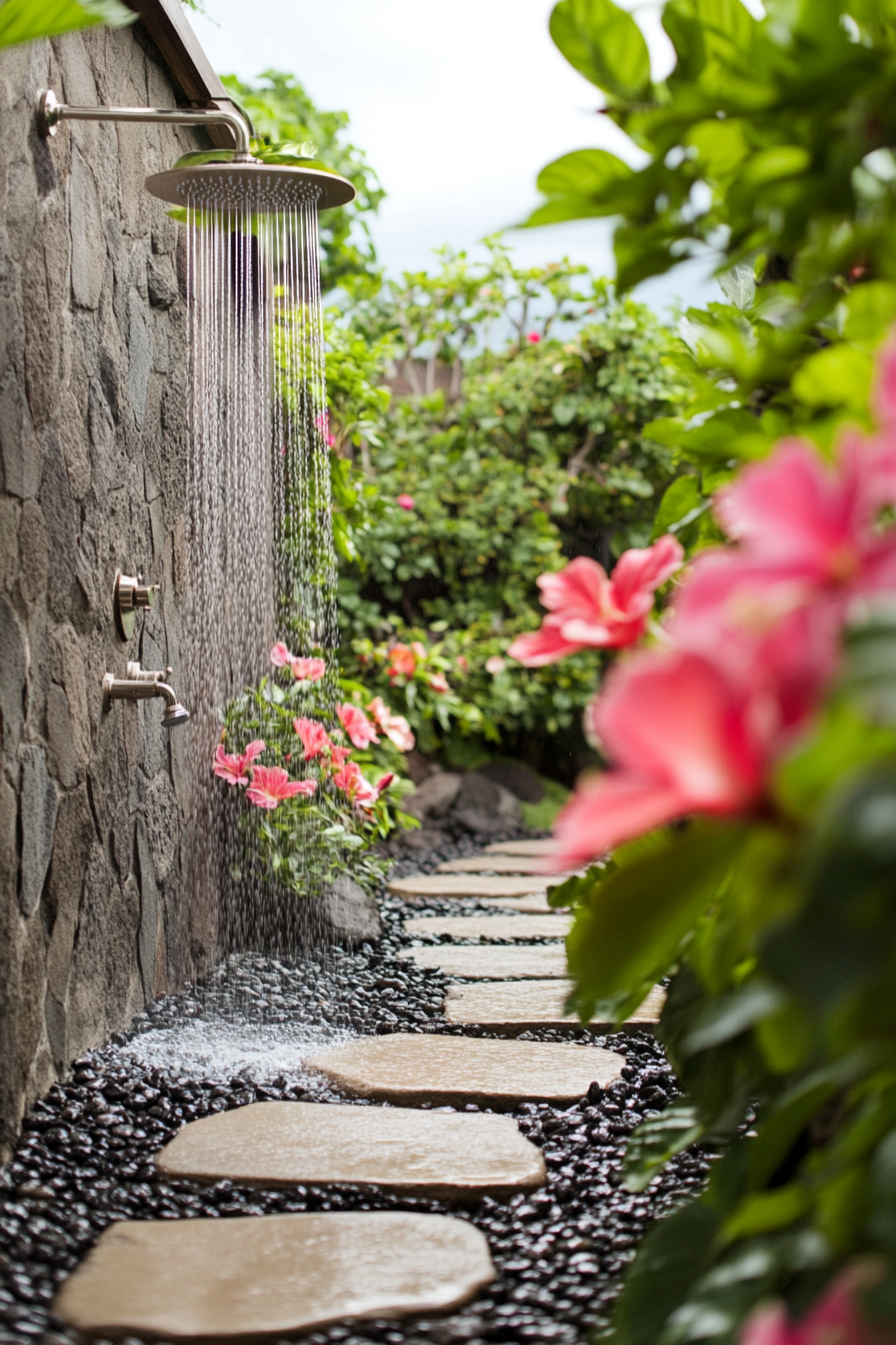 Outdoor shower design. Natural basalt rock wall, multilevel rainfall showerheads, vibrant hibiscus-lined stone pathway.