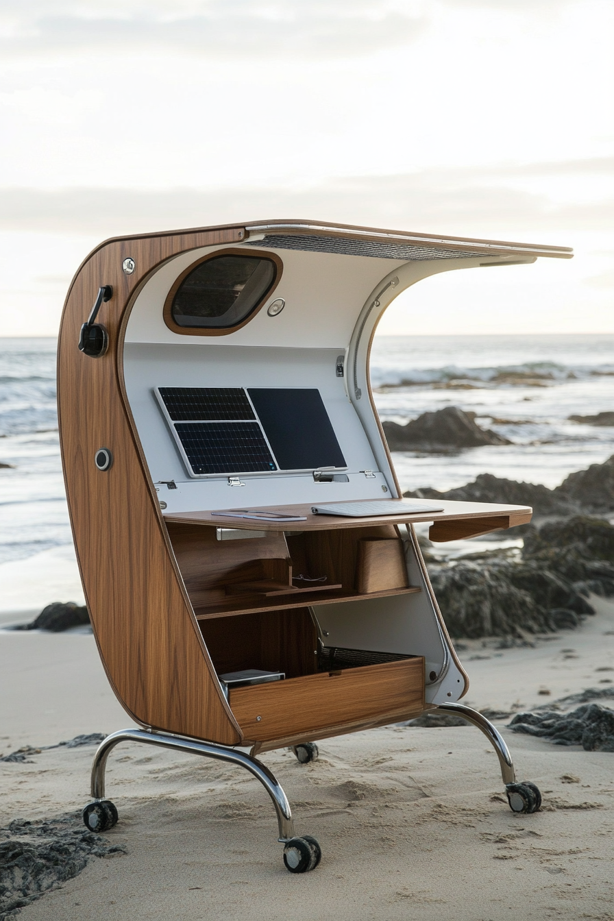 Mobile office. Convertible ocean-view desk with solar-powered workstation.