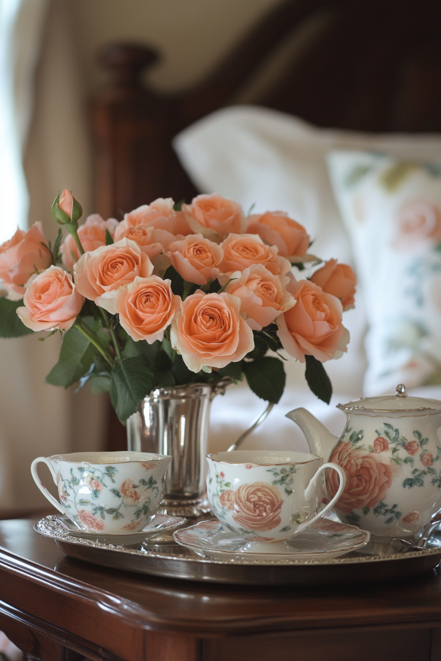 Bedside setup. Rosewood table, antiquate silver tray assortment, coordinated bone china teacups, peach roses in glass vase.