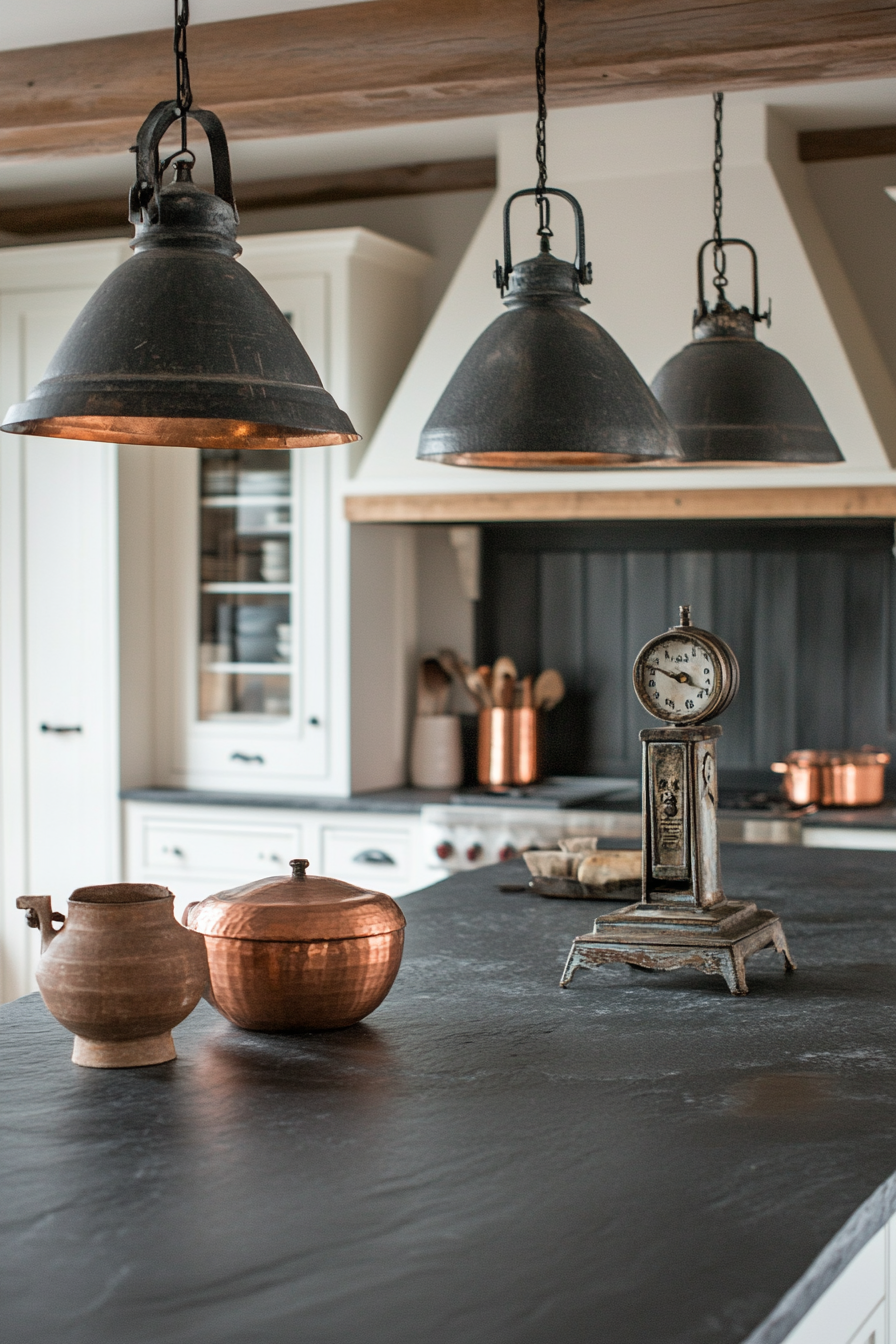 Kitchen. Soapstone countertops, copper vessels, vintage scale, industrial pendants.