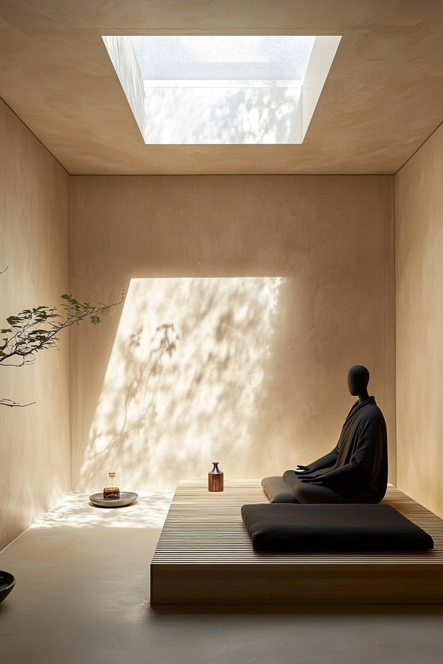 Compact meditation space. Skylight, bamboo bench, hidden floor cushion storage, and essential oil diffuser station.