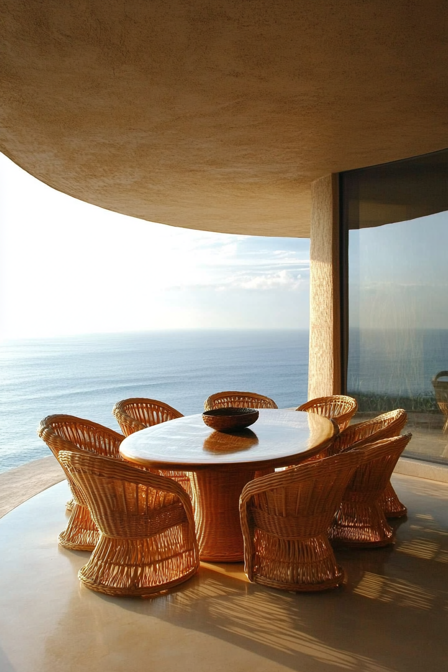 Dining room. Bleached brunette floors, curved rattan chairs, floor-to-ceiling ocean views.