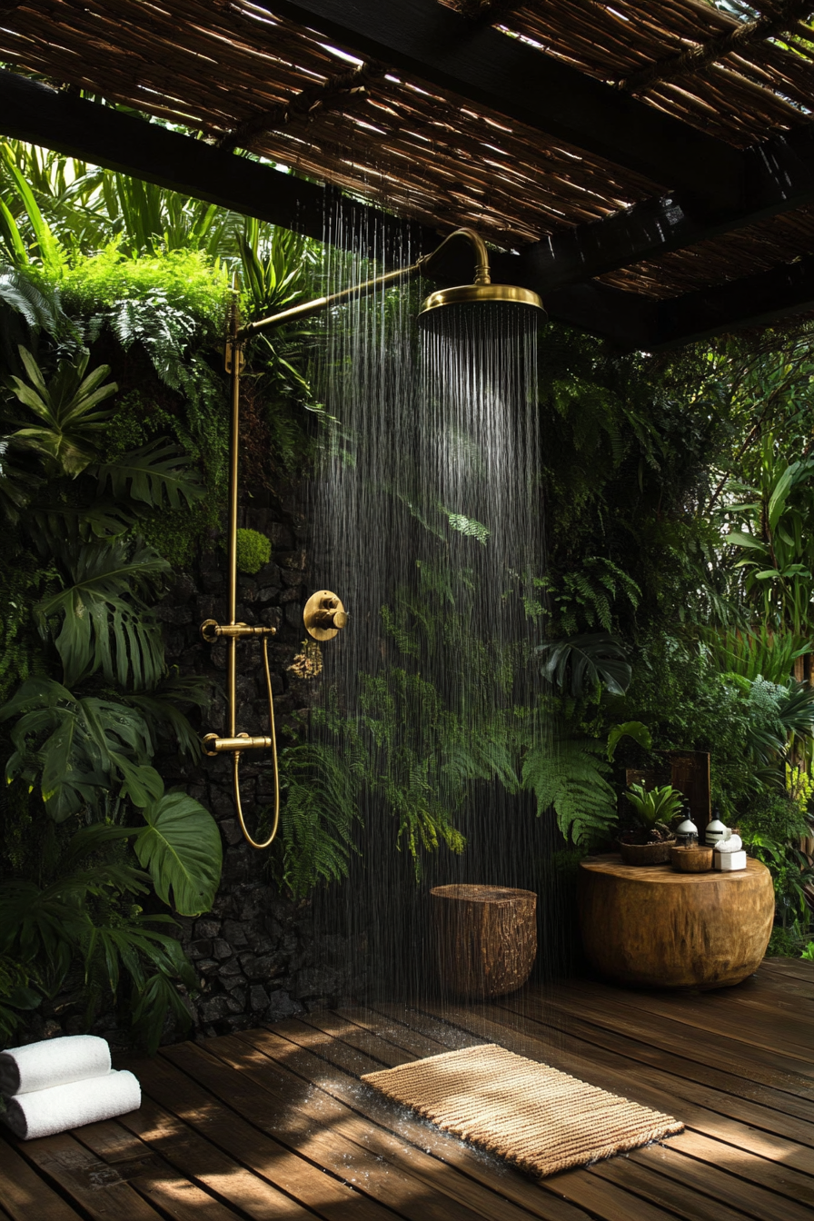 Outdoor bathroom. Teak flooring, brass rainfall shower, vertical garden wall, under thatched pergola cover.