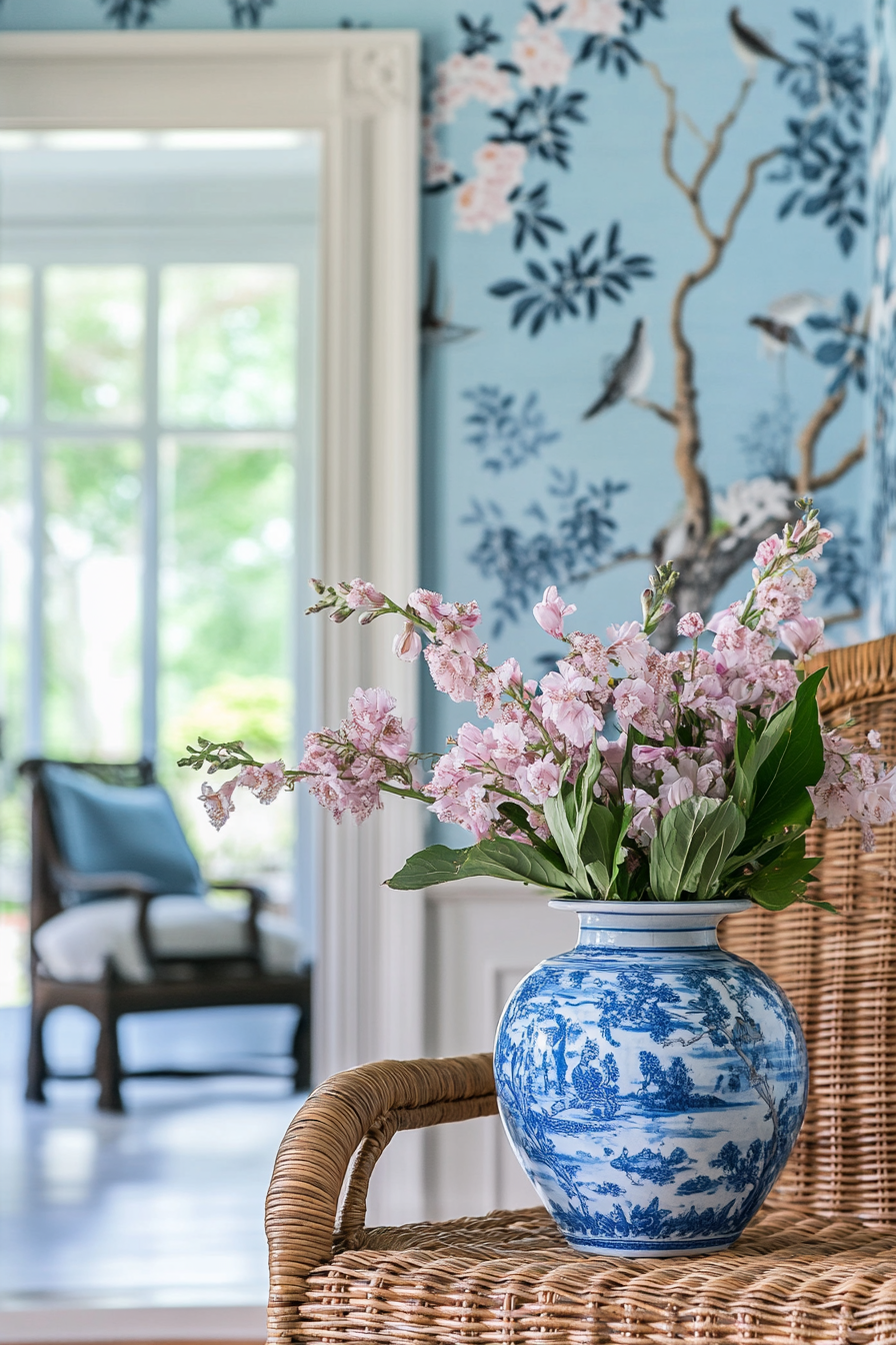 Coastal living space. Vintage floral centerpiece, blue chinoiserie wallpaper, woven wicker chair.