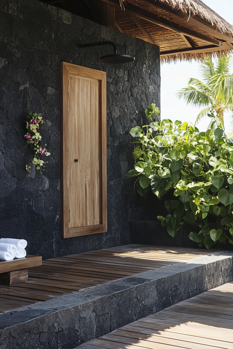 Tropical outdoor shower. Black lava stone walls, teak platform, living orchid wall, rice paddy views.