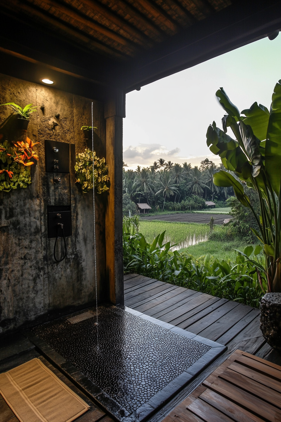 Outdoor shower. Tropical, black lava stone, teak platform, living orchid wall, rice paddy view.