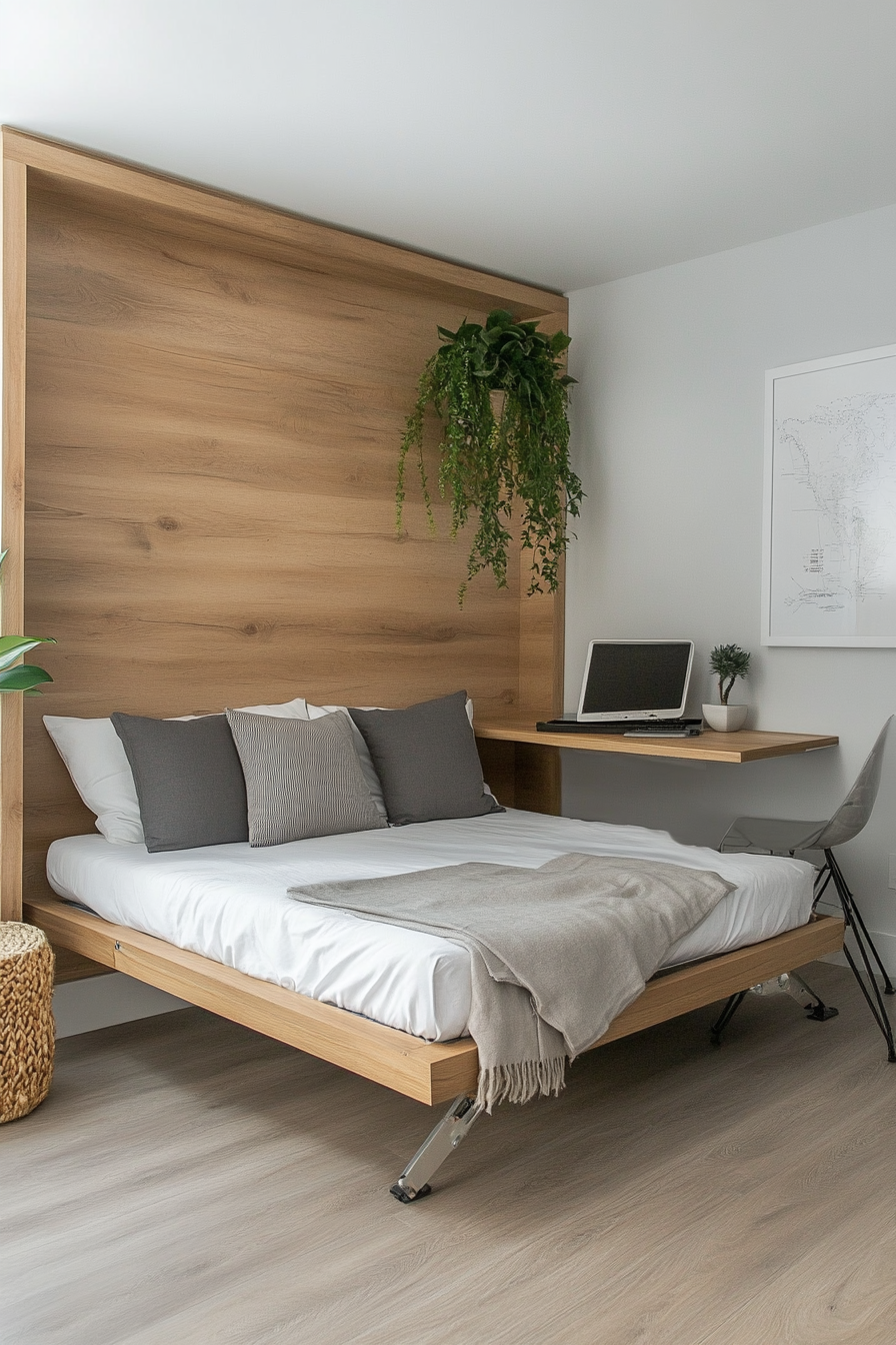 Minimal living space. Wall-mounted bed with flip desk and zen orchid corner.