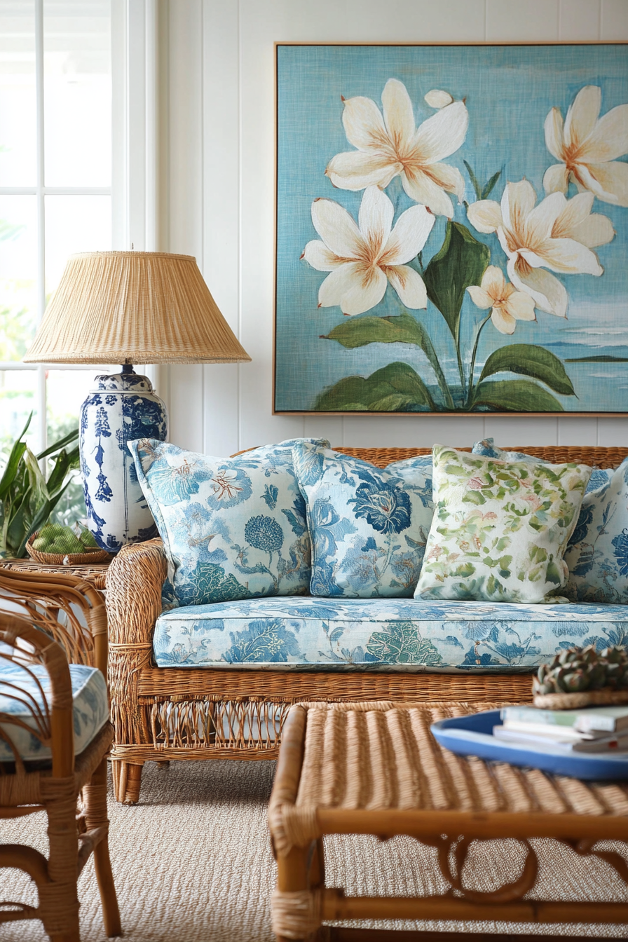 Coastal living space. Vintage floral print on chinoiserie blue, teak furniture with woven rattan elements.