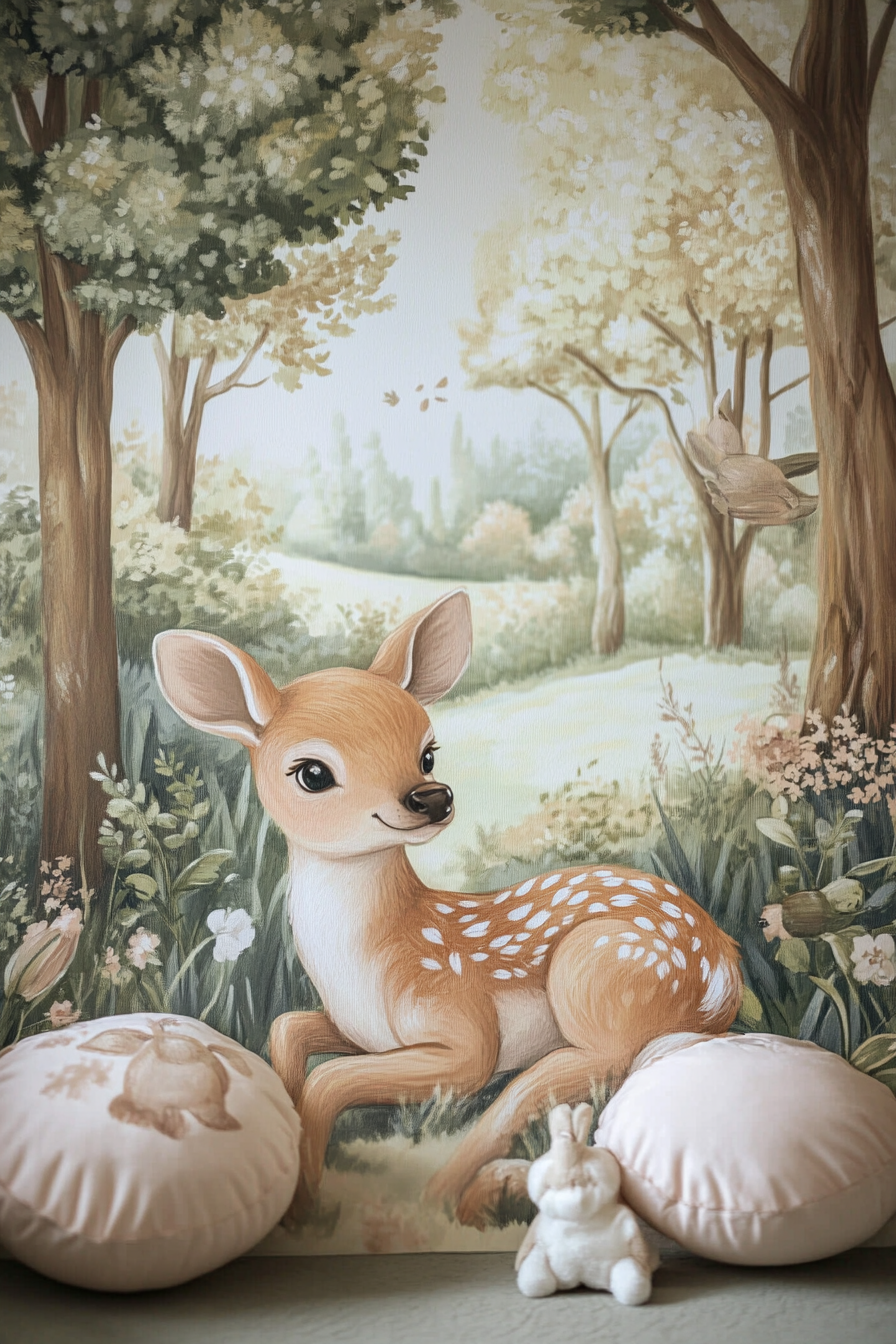 Baby room mural. Gentle pastel deer in a forest.