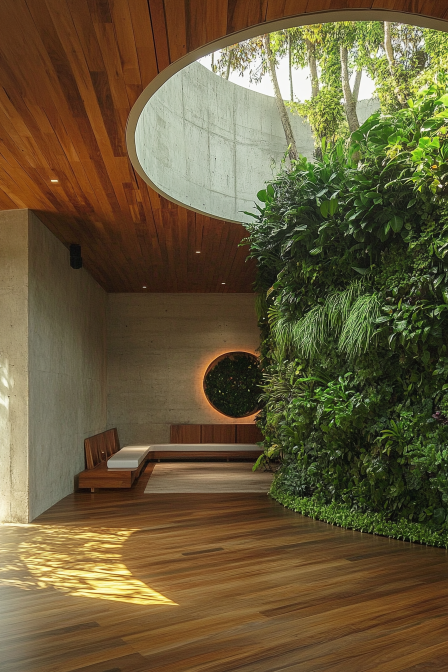 Yoga space. Bamboo floor, circular skylight above a meditation corner with lush living wall.