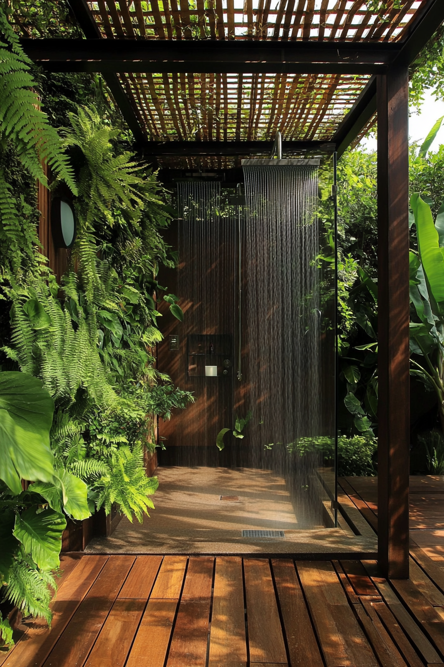 Outdoor bathroom. Teak flooring, metal-framed pergola, rainfall shower, fern-encrusted living wall.