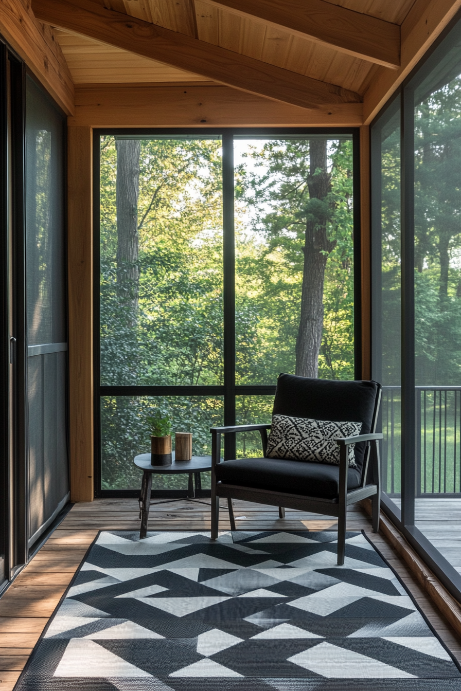 Modern enclosed porch. Glass walls, chic black armchair, geometric rug.