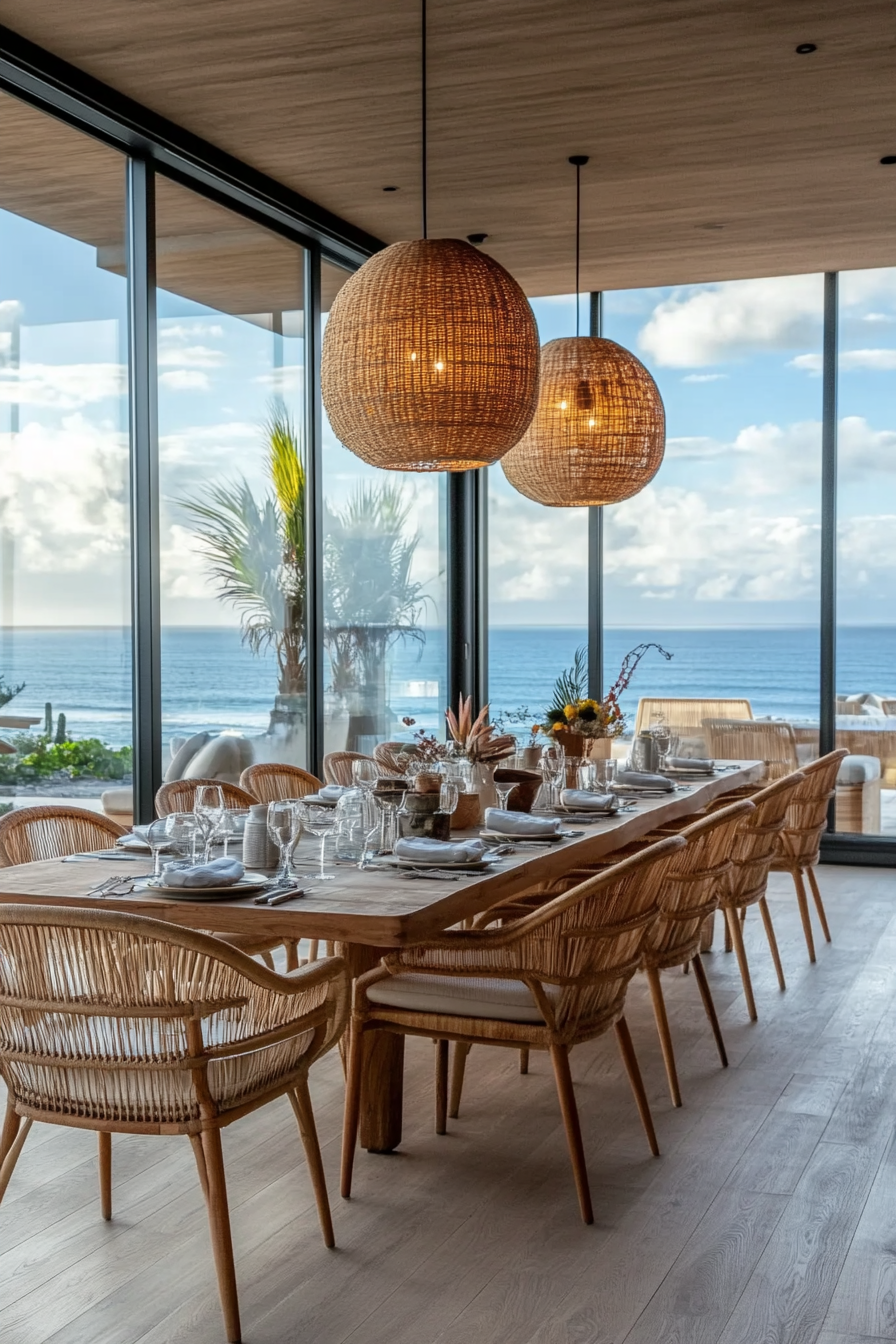 Dining room. Bleached brunette floors, floor-to-ceiling windows displaying ocean views, arranged with curved rattan chairs.