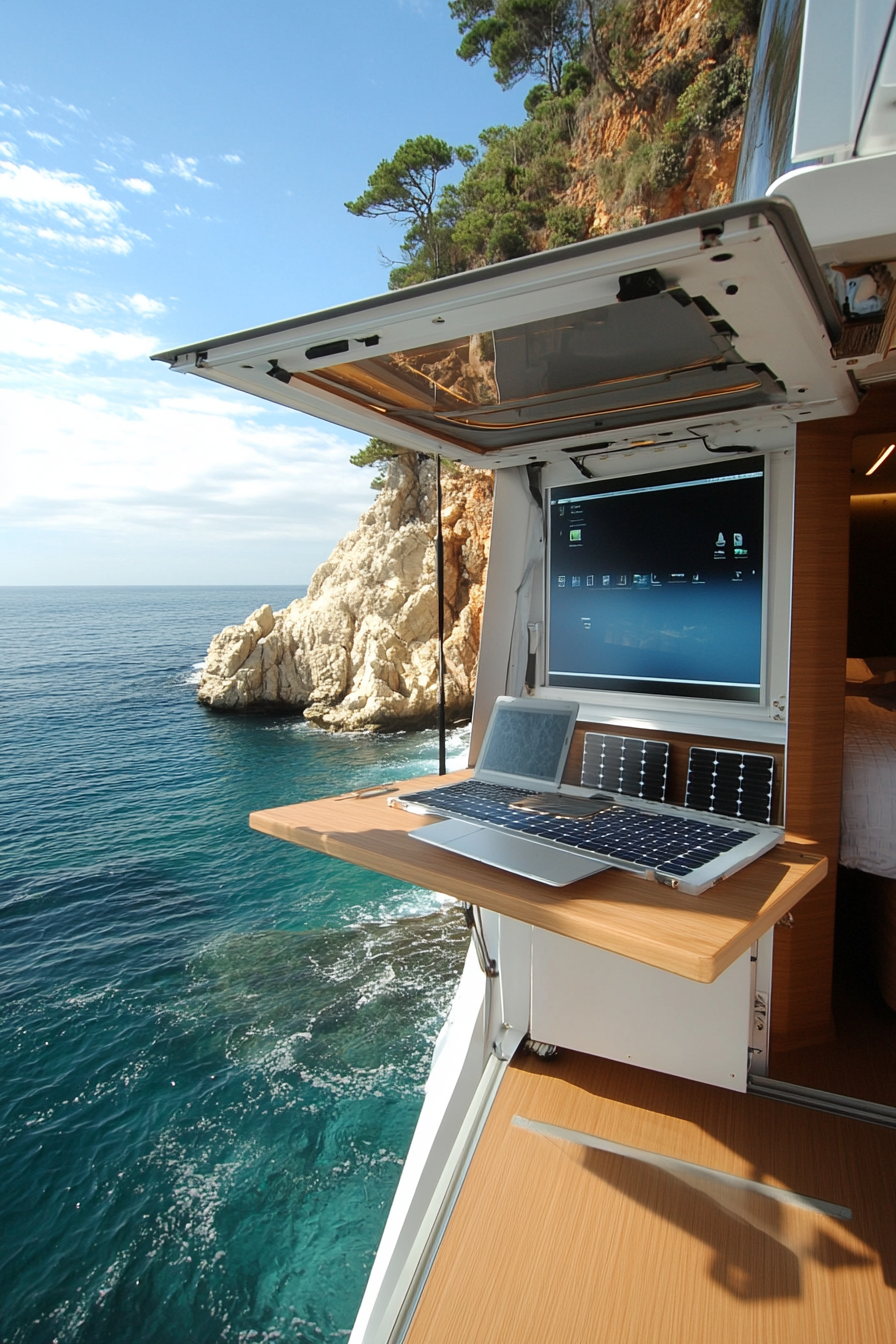 Mobile office. Convertible workstation with built-in solar panel and ocean-view desk setup.