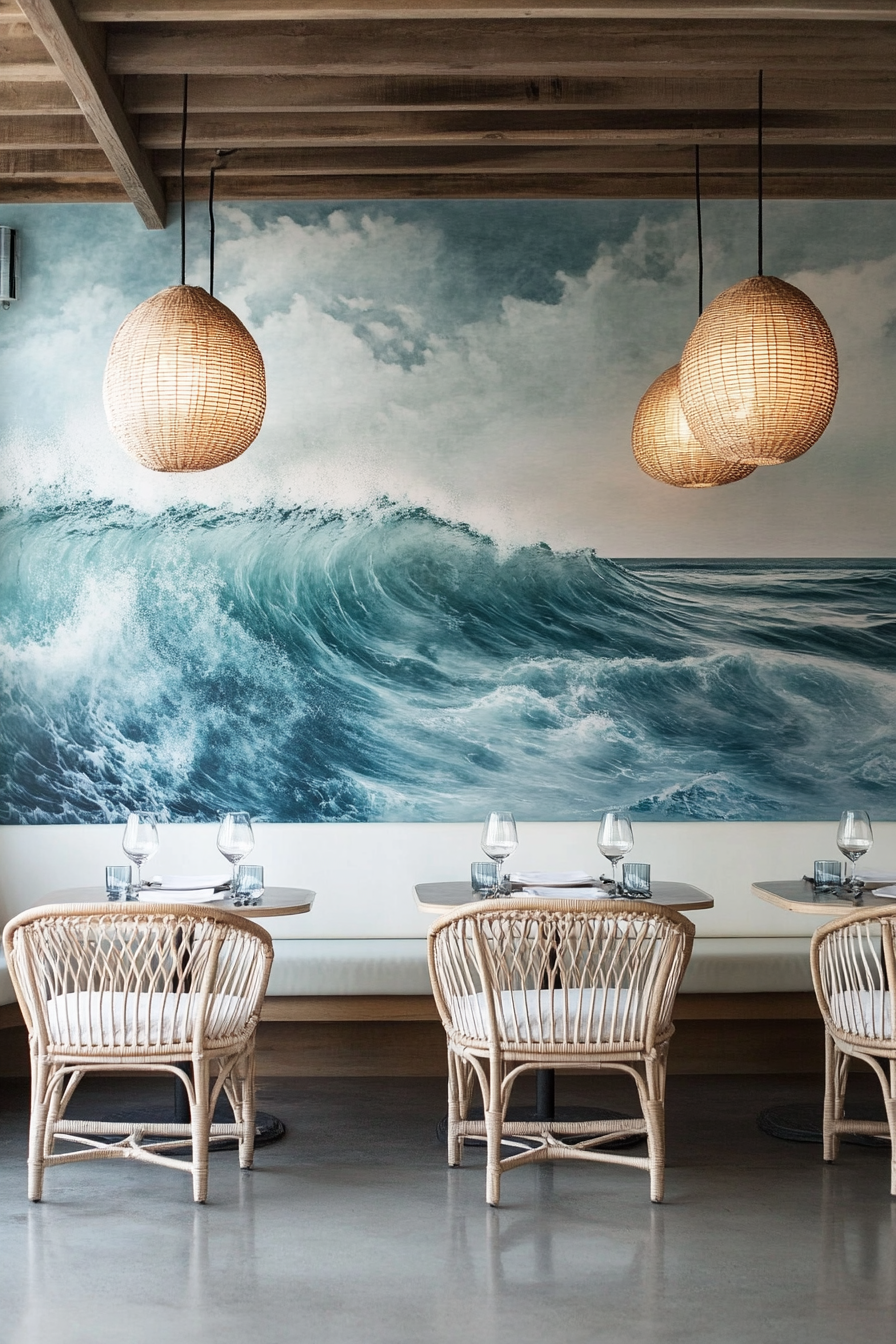 Dining room. Bleached brunette floors, pale ivory curved rattan chairs, wall-length ocean mural.