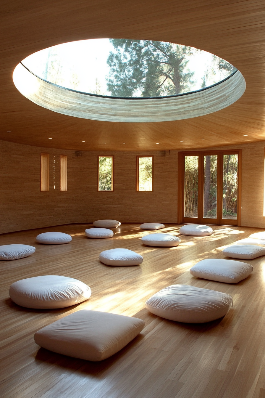 Yoga space. Bamboo flooring with white meditation cushions under a full circular skylight.