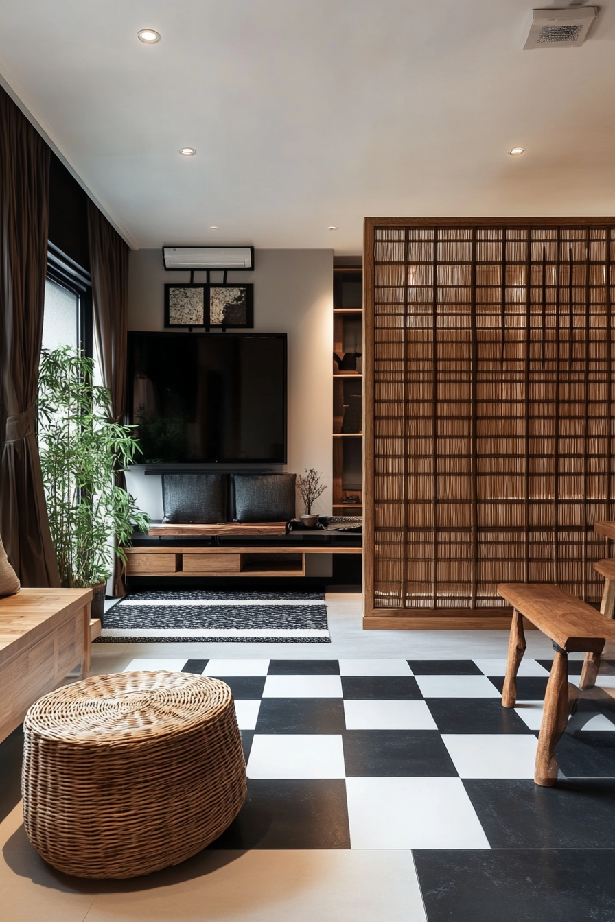 Living space: Chessboard floor with black multifunctional furniture and a bamboo-screen Zen study corner.