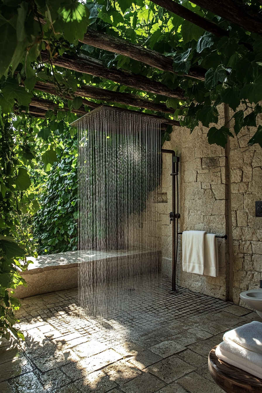 Outdoor bathroom. Luxurious rain shower by garden wall with crawling ivy on pergola.