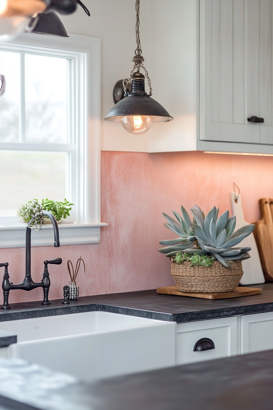 Welcoming kitchen. Soapstone countertop with blush pink backsplash lit by bunny ear succulents.