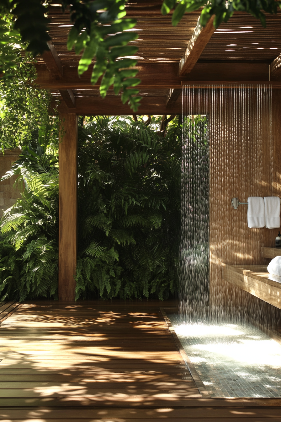 Outdoor bathroom. Teak flooring with rainfall shower and fern privacy wall under wooden pergola.