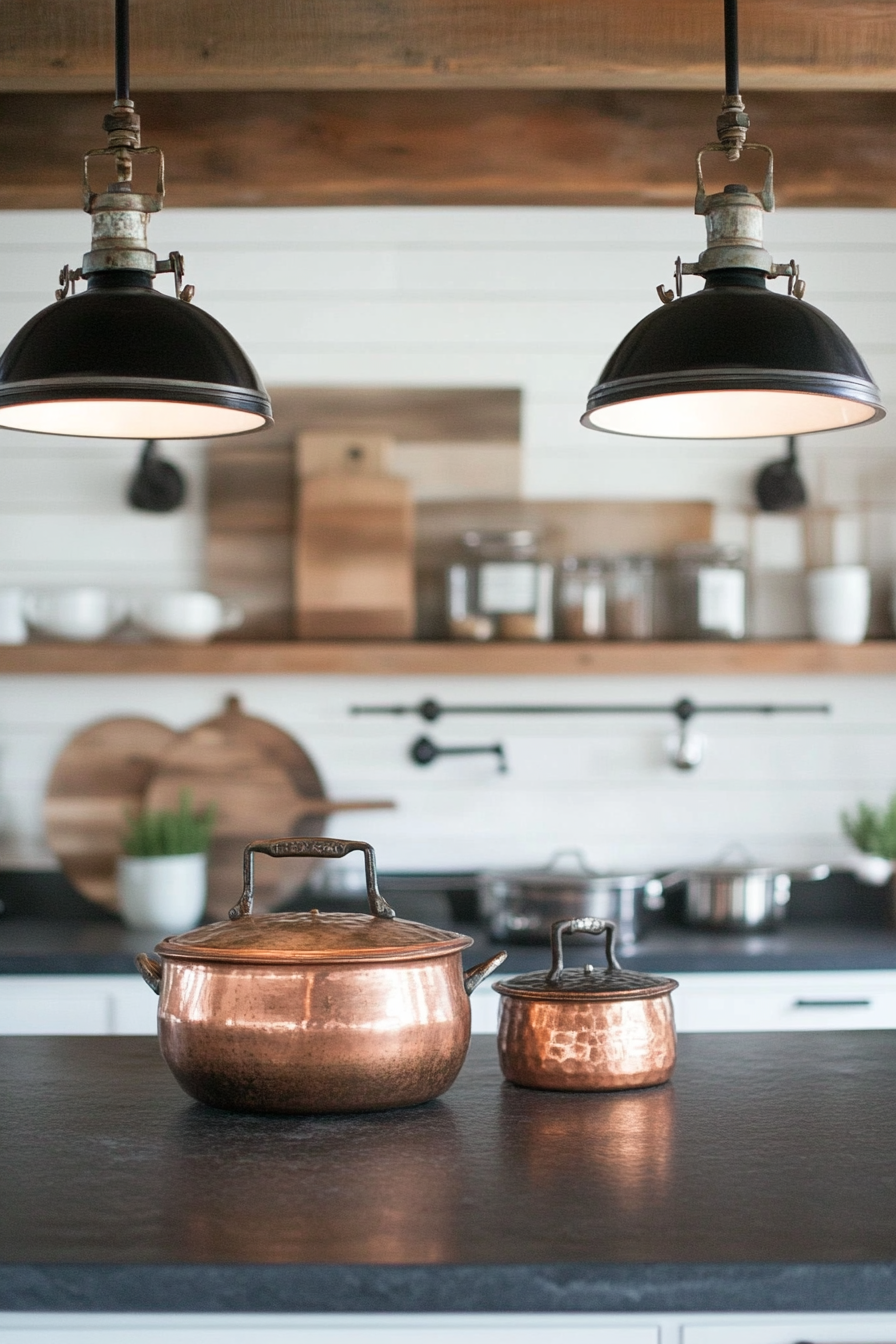 Kitchen. Soapstone countertops, copper pots, vintage scale, industrial pendants.