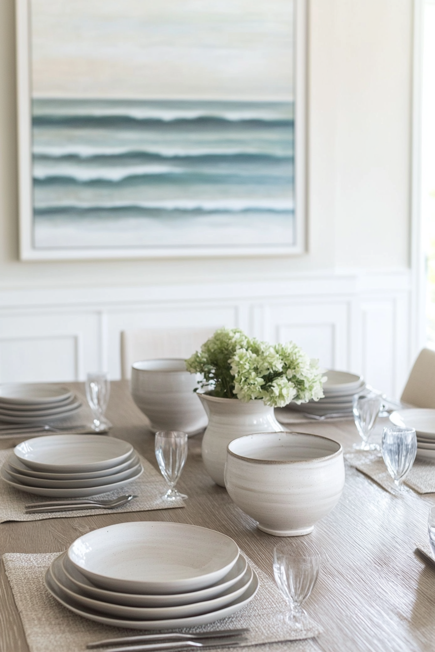 Dining room. Light ceramic dishes on bleached brunette dining table with coastal art.