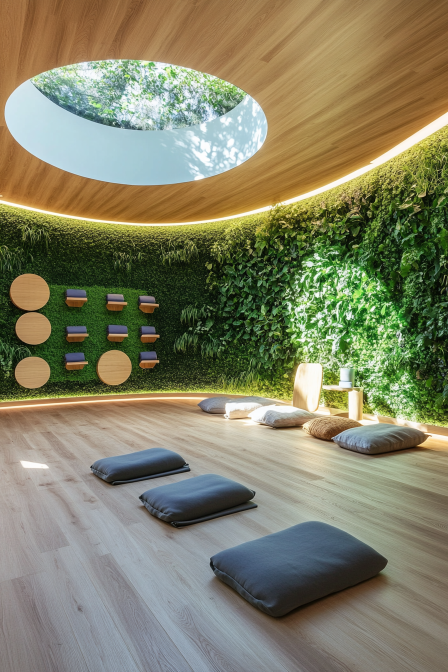 Yoga space. Bamboo flooring, lavender-infused meditation corner, lush green wall under circular skylight.