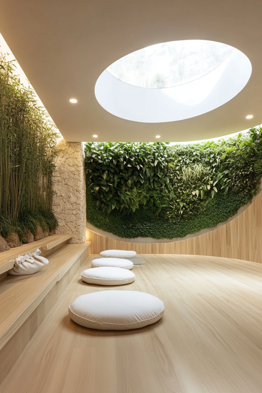 Yoga space. Bamboo flooring, circular skylight, living green wall, white zafu meditation cushion.