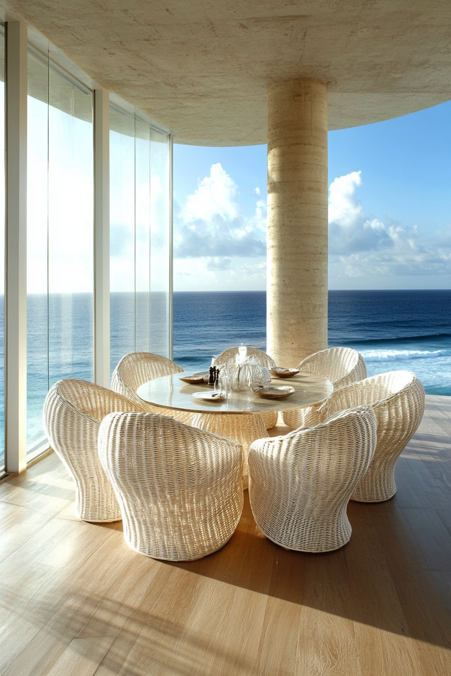 Dining room. Bleached brunette wooden floor, curved white rattan chairs, panoramic window overlooking blue ocean.