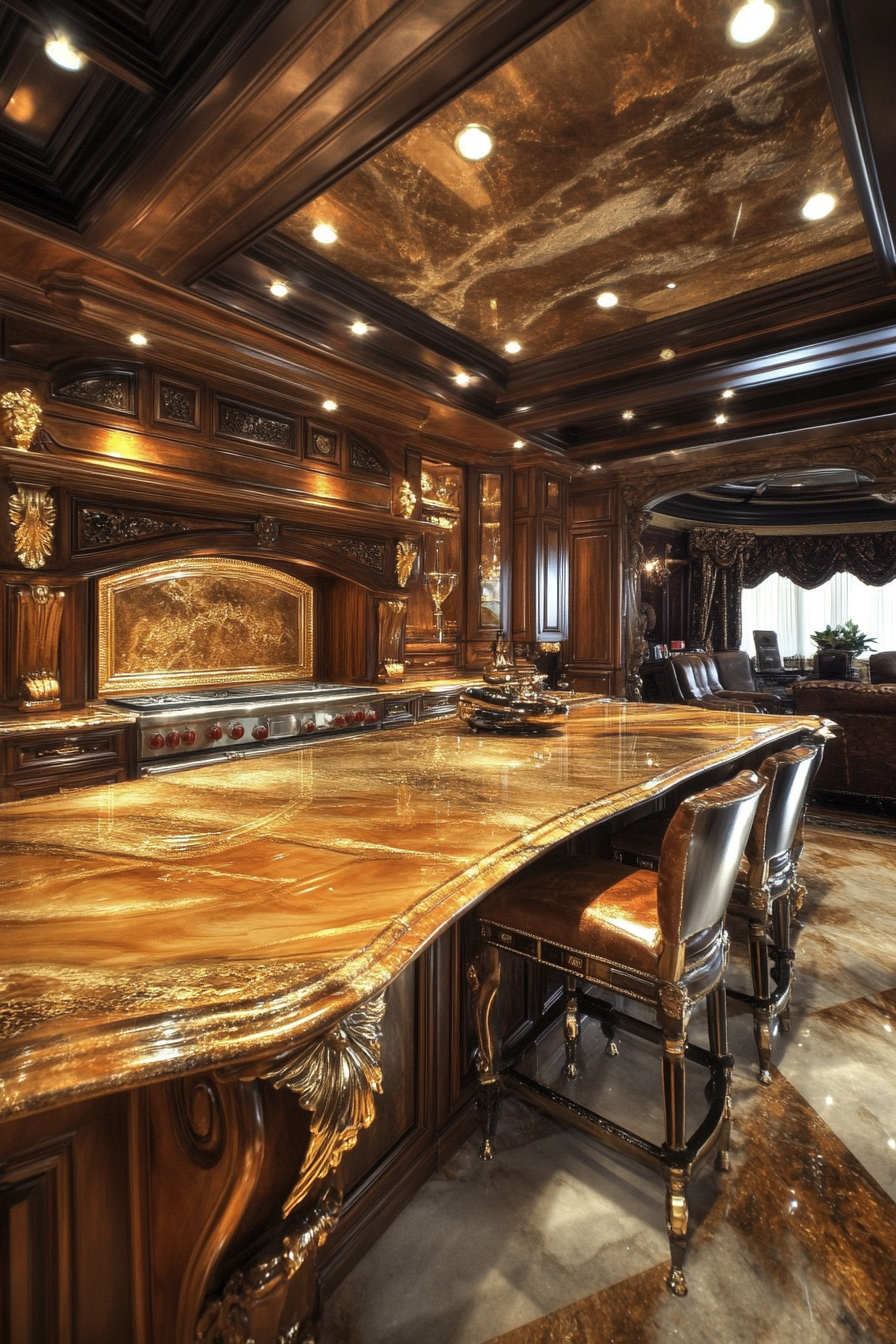 Premium kitchen design. Polished marble counters with gold-accented hardwood cabinets.