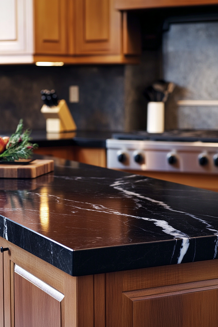 Premium kitchen design. Black marble countertops with cherry wood cabinets.