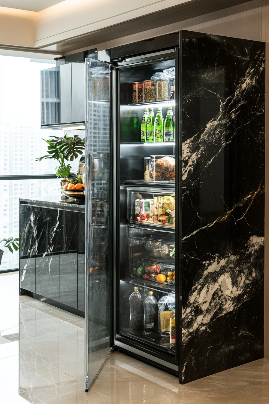 Premium Kitchen Design. Black marble island with transparent floor-to-ceiling glass fridge.